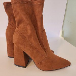 Womens Chunky Heel Pointed Toe Boots Vegan Leather Suede Winter Boot